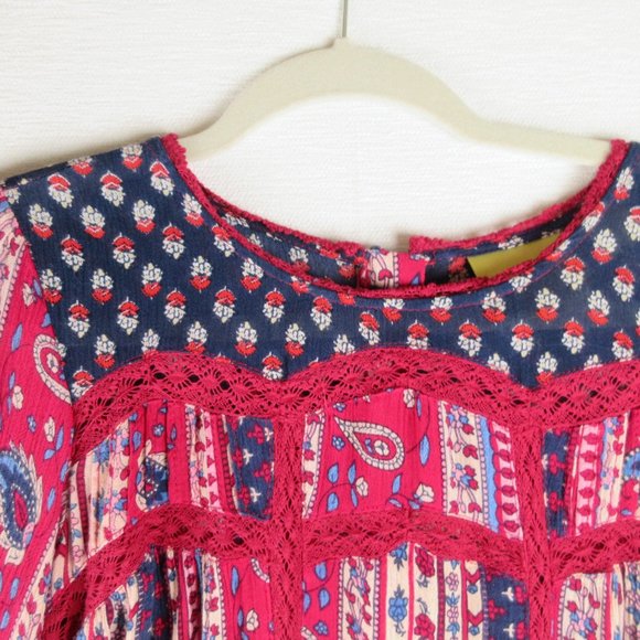 Maeve for Anthropologie Gretchen Blouse Size 2 Red Patchwork Floral LS Peasant - Picture 3 of 13